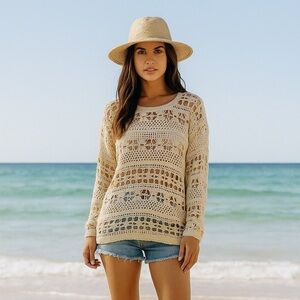 Vintage Style New York Crochet Lace Floral Sweater MED Boho Cottagecore Festival